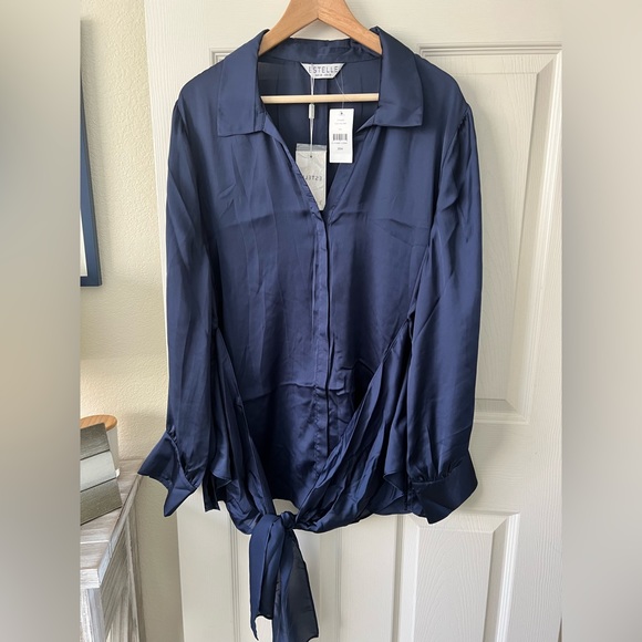 NWT Estelle Ryder Wrap Shirt 3X Navy Blue Long Sleeve Button Down Satin 20W - Picture 5 of 13